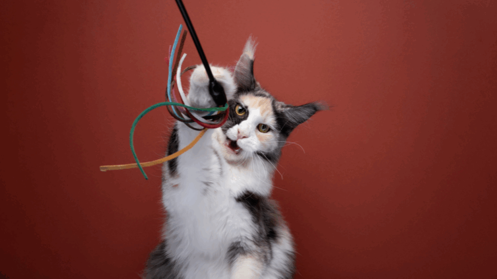 Maine Coon kitten playing with a feather toy on a red background