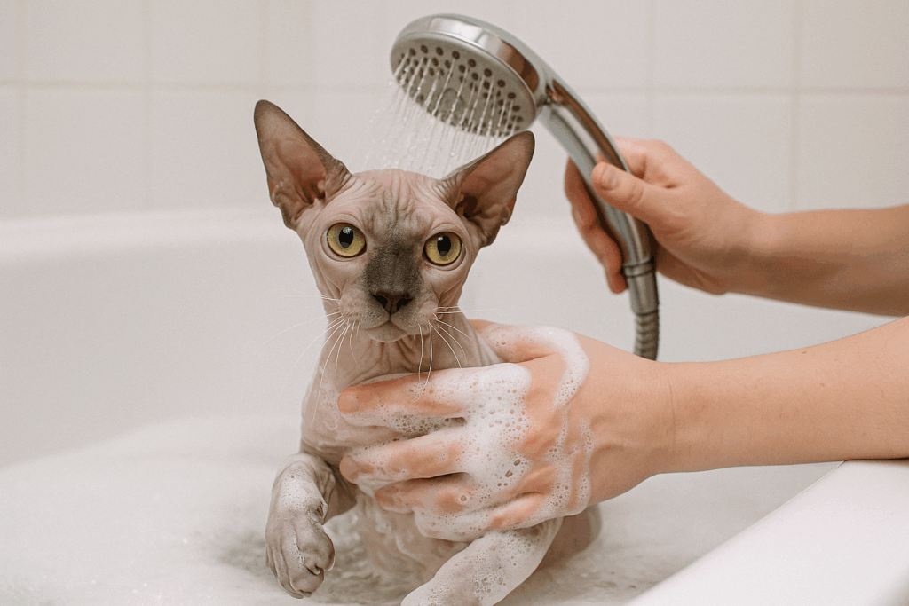 a sphynx cat getting a bath